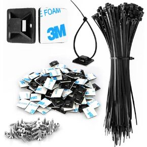 Cable Zip Tie Mounts 3/4" 100 Pcs with Zip Ties and Screws, Sticky Cable Clips White Wire Ties Self Adhesive Mounting, Wire Clips Fasteners Cable Management Anchors Organizer Wire Holder Squares