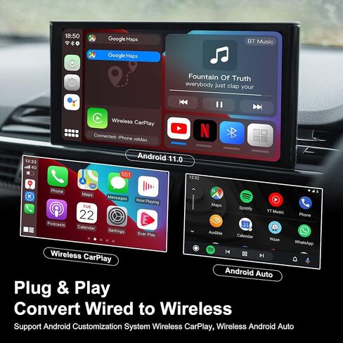 صندوق فيديو كاربلاي لاسلكي 3rd من ام ام بي، صندوق كاربلاي ايه اي مع نظام اندرويد 11، 4+64GB، اندرويد تلقائي، مخرج HDMI، نظام تحديد المواقع المدمج، يدعم فقط السيارة مع كاربلاي سلكي او اي ام in Kuwait