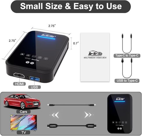 صندوق فيديو كاربلاي لاسلكي 3rd من ام ام بي، صندوق كاربلاي ايه اي مع نظام اندرويد 11، 4+64GB، اندرويد تلقائي، مخرج HDMI، نظام تحديد المواقع المدمج، يدعم فقط السيارة مع كاربلاي سلكي او اي ام in Kuwait