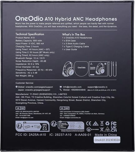 OneOdio A10 Hybrid Active Noise Cancelling Headphones, Wireless Bluetooth Over-Ear Headphones, 62H Battery Life, Hi-Res Audio, Transparency Mode, Wireless/Wired Mode, Built-in Mic, for Adults, Kids in Kuwait