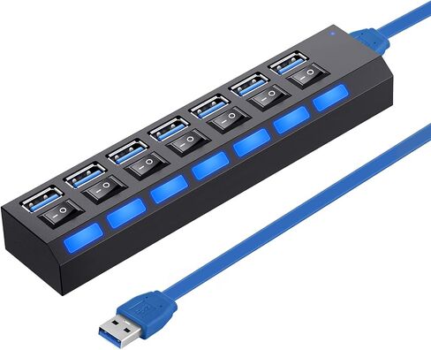 موزع متعدد المنافذ، محور 7 منافذ USB 2.0، مركز بيانات USB A مع مفتاح تشغيل/إيقاف مستقل ومؤشرات LED، أضواء لأجهزة الكمبيوتر المحمول، الكمبيوتر الشخصي، الكمبيوتر، الأقراص الصلبة المحمولة، محرك أقراص فلاش والمزيد (أسود 2.0) in Kuwait