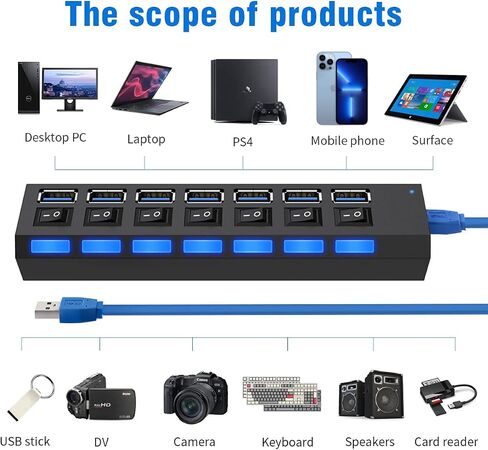 موزع متعدد المنافذ، محور 7 منافذ USB 2.0، مركز بيانات USB A مع مفتاح تشغيل/إيقاف مستقل ومؤشرات LED، أضواء لأجهزة الكمبيوتر المحمول، الكمبيوتر الشخصي، الكمبيوتر، الأقراص الصلبة المحمولة، محرك أقراص فلاش والمزيد (أسود 2.0) in Kuwait