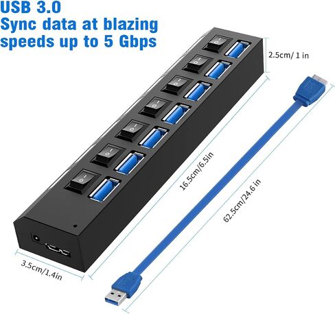 موزع متعدد المنافذ، محور 7 منافذ USB 2.0، مركز بيانات USB A مع مفتاح تشغيل/إيقاف مستقل ومؤشرات LED، أضواء لأجهزة الكمبيوتر المحمول، الكمبيوتر الشخصي، الكمبيوتر، الأقراص الصلبة المحمولة، محرك أقراص فلاش والمزيد (أسود 2.0) in Kuwait