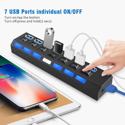 موزع متعدد المنافذ، محور 7 منافذ USB 2.0، مركز بيانات USB A مع مفتاح تشغيل/إيقاف مستقل ومؤشرات LED، أضواء لأجهزة الكمبيوتر المحمول، الكمبيوتر الشخصي، الكمبيوتر، الأقراص الصلبة المحمولة، محرك أقراص فلاش والمزيد (أسود 2.0) in Kuwait