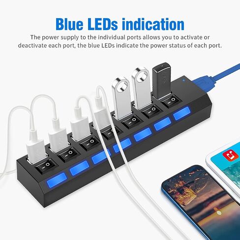 موزع متعدد المنافذ، محور 7 منافذ USB 2.0، مركز بيانات USB A مع مفتاح تشغيل/إيقاف مستقل ومؤشرات LED، أضواء لأجهزة الكمبيوتر المحمول، الكمبيوتر الشخصي، الكمبيوتر، الأقراص الصلبة المحمولة، محرك أقراص فلاش والمزيد (أسود 2.0) in Kuwait