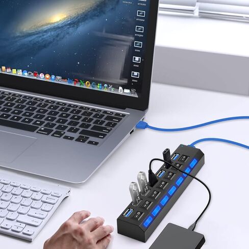 موزع متعدد المنافذ، محور 7 منافذ USB 2.0، مركز بيانات USB A مع مفتاح تشغيل/إيقاف مستقل ومؤشرات LED، أضواء لأجهزة الكمبيوتر المحمول، الكمبيوتر الشخصي، الكمبيوتر، الأقراص الصلبة المحمولة، محرك أقراص فلاش والمزيد (أسود 2.0) in Kuwait