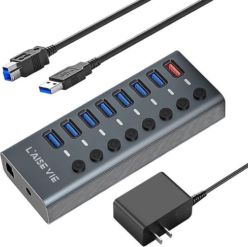 موزع متعدد المنافذ، محور 7 منافذ USB 2.0، مركز بيانات USB A مع مفتاح تشغيل/إيقاف مستقل ومؤشرات LED، أضواء لأجهزة الكمبيوتر المحمول، الكمبيوتر الشخصي، الكمبيوتر، الأقراص الصلبة المحمولة، محرك أقراص فلاش والمزيد (أسود 2.0) in Kuwait