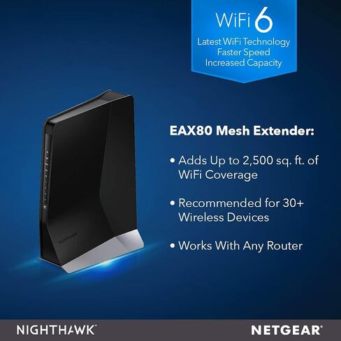موسع نطاق شبكة WiFi 6 من Netgear Nighthawk EAX80 AX6000 معزز ومكرر إشارة لاسلكية ثنائي النطاق، BLK (متجدد) in Saudi Arabia