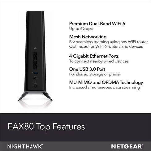 موسع نطاق شبكة WiFi 6 من Netgear Nighthawk EAX80 AX6000 معزز ومكرر إشارة لاسلكية ثنائي النطاق، BLK (متجدد) in Saudi Arabia