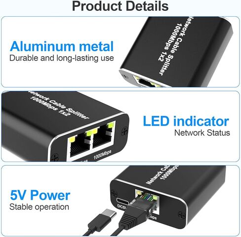 موزع إيثرنت RJ45 من 1 إلى 2، مقسم شبكة جيجابت مع كابل طاقة USB، مقسم إنترنت RJ45 بسرعة 1000 ميجابت في الثانية لكابل Cat 5/5e/6/7/8 [جهازان للشبكات في نفس الوقت] in Kuwait
