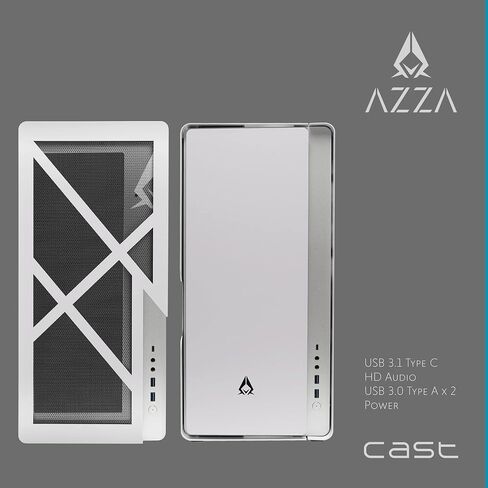 حافظة كمبيوتر AZZA CAST - برج متوسط ​​ATX بأجنحة من الألومنيوم وألواح أمامية شبكية ولوحة، وهيكل مفتوح بإطار قابل للفصل وتصميم خارجي قابل للتخصيص، ودعم مشعاع 360 مم، ومروحة خلفية ARGB مقاس 120 مم - أبيض in Kuwait