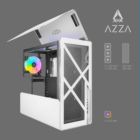 حافظة كمبيوتر AZZA CAST - برج متوسط ​​ATX بأجنحة من الألومنيوم وألواح أمامية شبكية ولوحة، وهيكل مفتوح بإطار قابل للفصل وتصميم خارجي قابل للتخصيص، ودعم مشعاع 360 مم، ومروحة خلفية ARGB مقاس 120 مم - أبيض in Kuwait