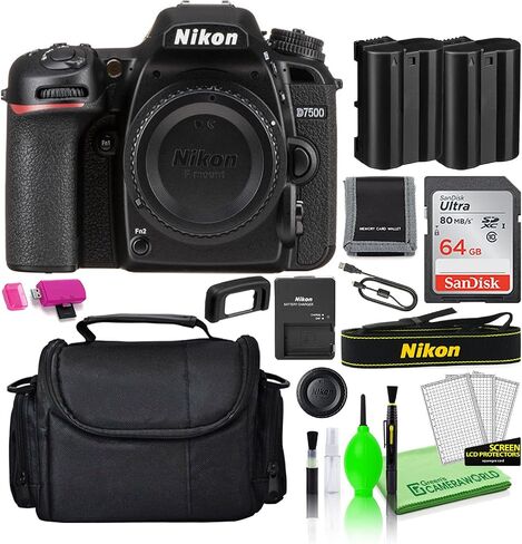 Nikon D7500 20.9MP DSLR Digital Camera (Body Only) (1581) Deluxe Bundle Kit with Sandisk 64GB SD Card + Large Camera Gadget Bag + Spare EN-EL15 Battery + Camera Cleaning Kit + More in Saudi Arabia