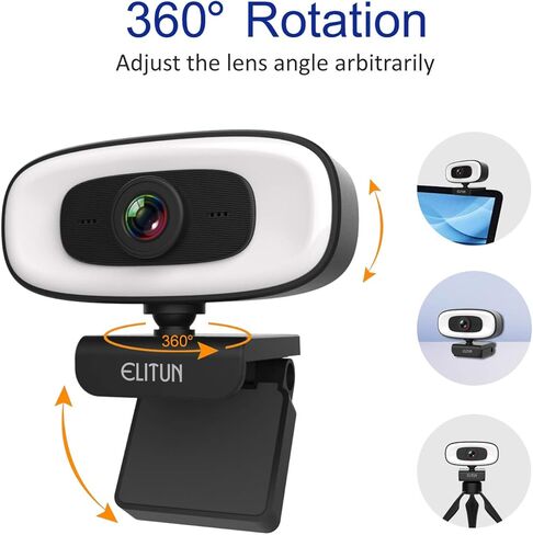 كاميرا ويب ELITUN 2K مع ضوء وحامل ثلاثي القوائم، وكاميرا ويب فائقة الدقة لبث مكالمات الفيديو والمؤتمرات، وكاميرا USB واسعة الزاوية لأجهزة الكمبيوتر المكتبية وأجهزة الكمبيوتر المحمول Mac، وميكروفون إلغاء الضوضاء، والتوصيل والتشغيل in Kuwait