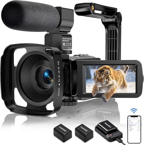 كاميرا فيديو Aasonida 4K، كاميرا فيديو رقمية واي فاي بدقة 48 ميجابكسل، مسجل فيديو تكبير 16X، كاميرا تسجيل فيديو للرؤية الليلية بالأشعة تحت الحمراء مع مثبت ميكروفون، غطاء عدسة، شاحن بطارية، بطاريتان in Kuwait