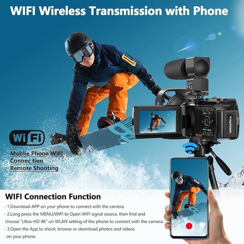 كاميرا فيديو Aasonida 4K، كاميرا فيديو رقمية واي فاي بدقة 48 ميجابكسل، مسجل فيديو تكبير 16X، كاميرا تسجيل فيديو للرؤية الليلية بالأشعة تحت الحمراء مع مثبت ميكروفون، غطاء عدسة، شاحن بطارية، بطاريتان in Kuwait