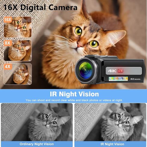 كاميرا فيديو Aasonida 4K، كاميرا فيديو رقمية واي فاي بدقة 48 ميجابكسل، مسجل فيديو تكبير 16X، كاميرا تسجيل فيديو للرؤية الليلية بالأشعة تحت الحمراء مع مثبت ميكروفون، غطاء عدسة، شاحن بطارية، بطاريتان in Kuwait