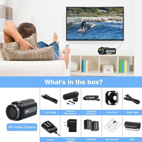 كاميرا فيديو Aasonida 4K، كاميرا فيديو رقمية واي فاي بدقة 48 ميجابكسل، مسجل فيديو تكبير 16X، كاميرا تسجيل فيديو للرؤية الليلية بالأشعة تحت الحمراء مع مثبت ميكروفون، غطاء عدسة، شاحن بطارية، بطاريتان in Kuwait