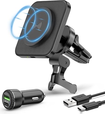 لشاحن MagSafe Car Mount Charger، شاحن سيارة لاسلكي بقدرة 15 وات، حامل هاتف مغناطيسي للسيارة بفتحة تهوية لسلسلة iPhone 15/14/13/12، مغناطيس N52 قوي، جلد PU، شريحة ذكية، شحن سريع، مع محول in Kuwait