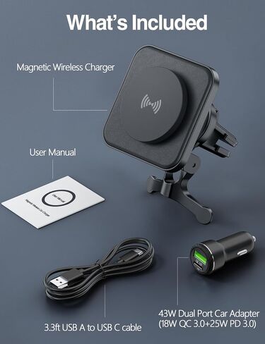 لشاحن MagSafe Car Mount Charger، شاحن سيارة لاسلكي بقدرة 15 وات، حامل هاتف مغناطيسي للسيارة بفتحة تهوية لسلسلة iPhone 15/14/13/12، مغناطيس N52 قوي، جلد PU، شريحة ذكية، شحن سريع، مع محول in Kuwait