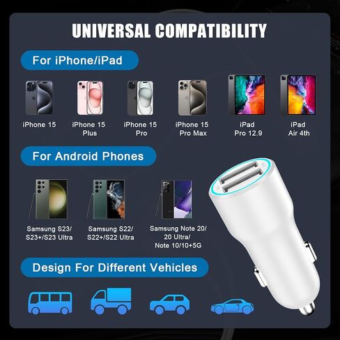 [معتمد من Apple MFi] شاحن سيارة iPhone 15، محول شاحن سيارة USB مزدوج المنفذ 4.8A شحن سريع مع 2 كابل USB إلى USB C متوافق مع iPhone 15/15 Plus/15 Pro/15 Pro Max، iPad Pro/Air/Mini in Kuwait