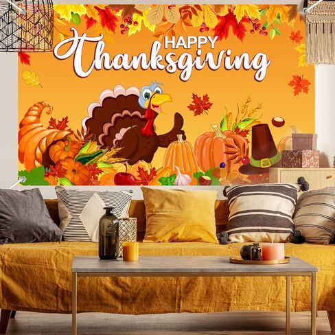 Thanksgiving Decorations Happy Thanksgiving Banner Backdrop Fall Pumpkin Turkey Autumn Maple Leaves Photography Background Harvest Party Supplies Table Banner Photo Booth Props in Kuwait