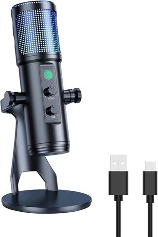 ميكروفون العاب USB مكثف RGB للكمبيوتر وبلاي ستيشن 4 وبلاي ستيشن 5 وماك بخاصية الغاء الضوضاء مع حامل مضاد للاهتزاز وزر كتم الصوت ومقبس سماعة راس للبث المباشر وتويتش ويوتيوب وديسكورد in Kuwait