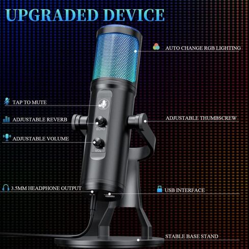 ميكروفون العاب USB مكثف RGB للكمبيوتر وبلاي ستيشن 4 وبلاي ستيشن 5 وماك بخاصية الغاء الضوضاء مع حامل مضاد للاهتزاز وزر كتم الصوت ومقبس سماعة راس للبث المباشر وتويتش ويوتيوب وديسكورد in Kuwait