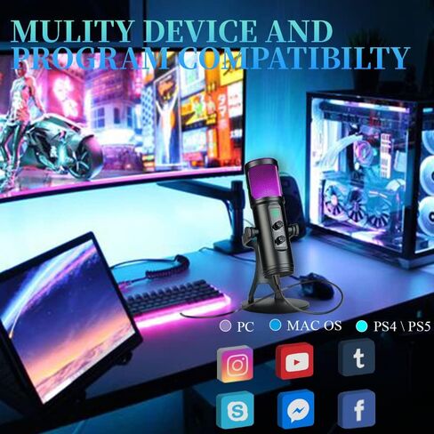 ميكروفون العاب USB مكثف RGB للكمبيوتر وبلاي ستيشن 4 وبلاي ستيشن 5 وماك بخاصية الغاء الضوضاء مع حامل مضاد للاهتزاز وزر كتم الصوت ومقبس سماعة راس للبث المباشر وتويتش ويوتيوب وديسكورد in Kuwait