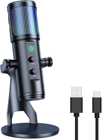 ميكروفون العاب USB مكثف RGB للكمبيوتر وبلاي ستيشن 4 وبلاي ستيشن 5 وماك بخاصية الغاء الضوضاء مع حامل مضاد للاهتزاز وزر كتم الصوت ومقبس سماعة راس للبث المباشر وتويتش ويوتيوب وديسكورد in Kuwait