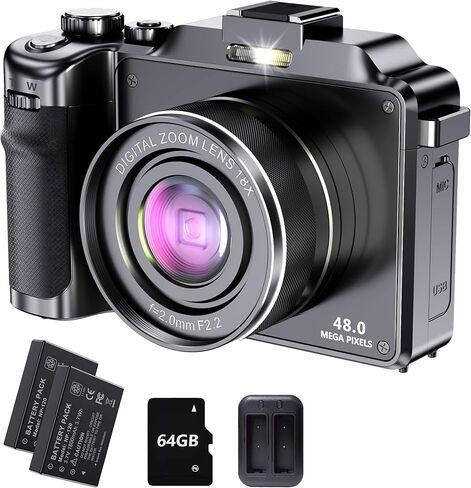 كاميرا تسجيل فيديو 4K 48MP كاميرا رقمية ضبط تلقائي للصورة للتصوير الفوتوغرافي مع تقريب رقمي 18X كاميرا نقطة وتصوير مع بطاقة TF سعة 64 جيجابايت وكاميرا رقمية 4K بطاريتين وشاحن in Kuwait