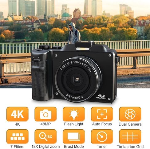 كاميرا تسجيل فيديو 4K 48MP كاميرا رقمية ضبط تلقائي للصورة للتصوير الفوتوغرافي مع تقريب رقمي 18X كاميرا نقطة وتصوير مع بطاقة TF سعة 64 جيجابايت وكاميرا رقمية 4K بطاريتين وشاحن in Kuwait