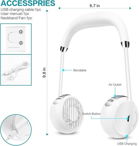 POOCCI Portable Neck Fan, Hands Free Bladeless Fan, USB Rechargeable Wearable Personal Fan, Headphone Design Neck Cooling Fan, USB Powered Neck Fan with 3 Speeds-White in Kuwait