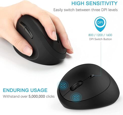 Left-Handed Mouse, 2.4GHz Wireless Left Hand Ergonomic Vertical Mouse with USB Receiver and 3 Adjustable DPI, Compatible for Windows 7/8 / 10, XP, Vista - Black in Kuwait