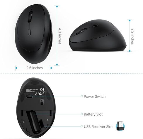 Left-Handed Mouse, 2.4GHz Wireless Left Hand Ergonomic Vertical Mouse with USB Receiver and 3 Adjustable DPI, Compatible for Windows 7/8 / 10, XP, Vista - Black in Kuwait