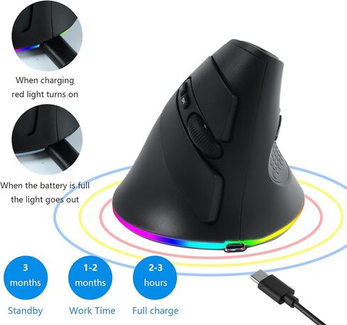 YOCUNKER 2.4G Wireless Bluetooth Vertical Ergonomic Optical Mouse, 1000/1600 /3200 DPI, 5 Buttons&LED Light for Laptop, Desktop, PC, Macbook (Black) in Kuwait