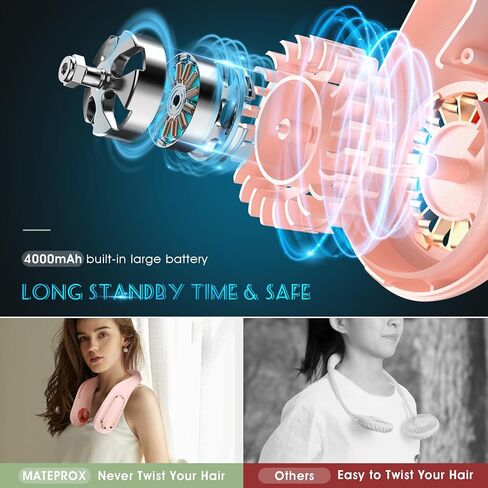 مروحة الرقبة المحمولة من MATEPROX، مروحة تبريد بدون شفرات تعمل ببطارية 4000 مللي أمبير في الساعة، 2023 مراوح شخصية جديدة يمكن ارتداؤها بدون استخدام اليدين مع 3 سرعات تويست 360 درجة وقابلة لإعادة الشحن عبر USB للأماكن الداخلية والخارجية والرياضة - وردي in Kuwait