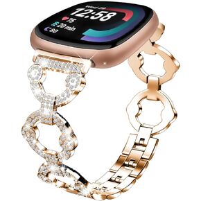 HAYONLIY Bling Band Compatible for Fitbit Versa 4/Versa 3/Sense 2/Sense, Diamond Jewelry Metal Wristband, O-Shape Elegant Strap, Stainless Steel Luxury Bracelets for Women Girl