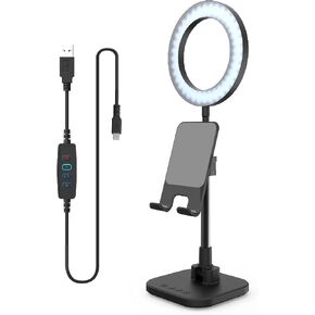 ديجباور مصباح مكتب حلقي LED DP-WSH-PH6 مع حامل للهواتف الذكية والتابلت بما في ذلك البطارية، ارتفاع قابل للتعديل، لمكالمات الفيديو في مكان العمل والمدرسة المنزلية، لون اسود وابيض in Kuwait