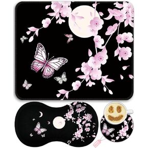 Sakura Cherry Blossom Mouse Pad with Stitched Edge+Wrist Rest+Coaster 3pcs Set, JYCUHTCL Mousepad with Non Slip Base, Soft Memory Foam Gel Mouse Wrist Pad for Carpal Tunnel Laptop Computer Home Office