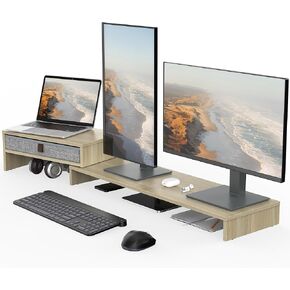 Fenge Computer Monitor Riser Stand with Drawer for 2 or 3 Monitors ,Adjustable Length and Angle Desktop Laptop Stand,Office Organizer,Printer,Black