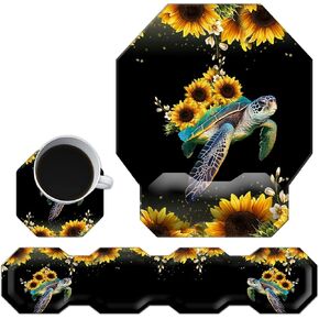 Keyboard Wrist Rest Pad and Ergonomic Gaming Mouse Pad Wrist Support Set (with Cute Coasters) with Memory Foam & Non-Slip Base Easy Typing and Wrist Pain Relief - Cute Turtle Sunflower