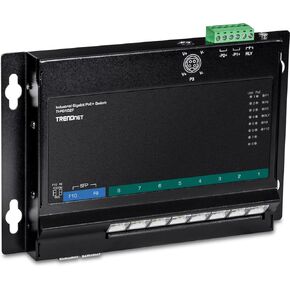 TRENDnet 10-Port Industrial Gigabit PoE+ مفتاح وصول أمامي مثبت على الحائط، TI-PG102F، 8x Gigabit PoE+ Ports، 2 x Gigabit SFP Slots، 240W PoE Budget، DIN-Rail وأقواس التثبيت على الحائط، تصنيف IP30 in Kuwait