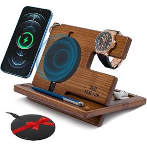TESLYAR Gifts for Men Wood Phone Docking Station Gifts for him Stand Organizer Men Husband Wireless Charging Pad Slim Birthday Nightstand Purse Tablet Compatible with All Qi Devices in Kuwait