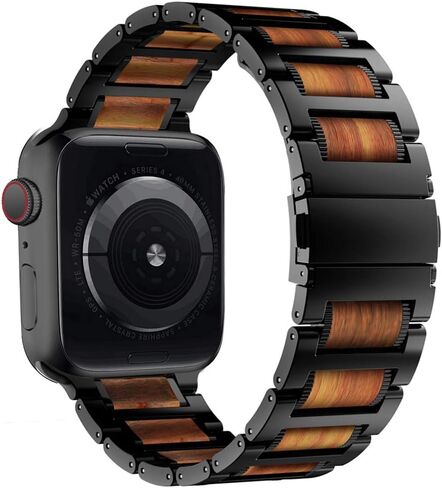 iiteeology Compatible with Apple Watch Band, Natural Wooden Steel Link Bracelet for iWatch Ultra 3/ Ultra 2/ Series 1-11 49mm 46mm 45mm 44mm 42mm - Black in Kuwait