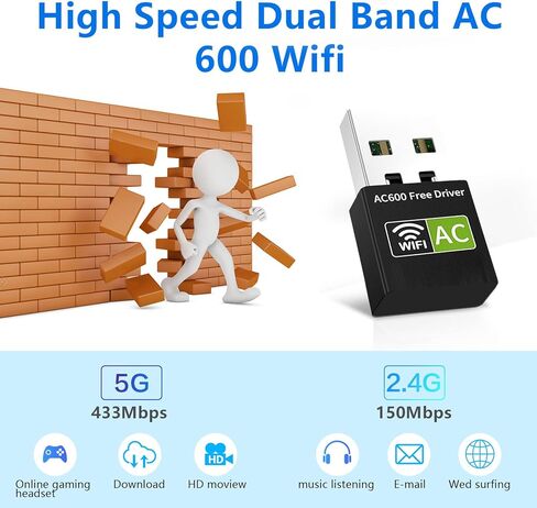 USB WiFi Adapter, 600Mbps Wireless WiFi Network Adapters for PC, Dual Band External WiFi Adapter (433 Mbps/5 GHz, 200 Mbps/2.4 GHz) 802.11ac, for Windows 10/8/7/XP/Linux/Mac, Plug and Plug in Kuwait