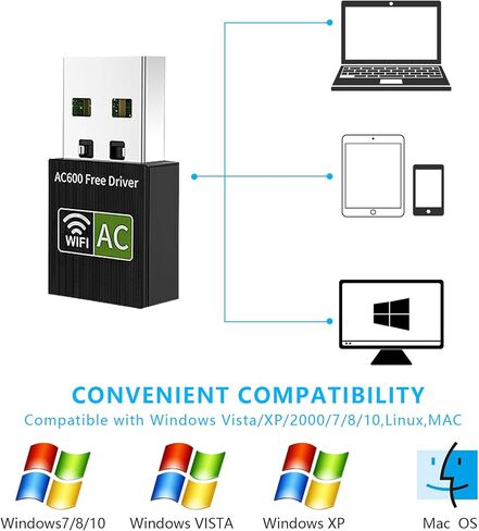 USB WiFi Adapter, 600Mbps Wireless WiFi Network Adapters for PC, Dual Band External WiFi Adapter (433 Mbps/5 GHz, 200 Mbps/2.4 GHz) 802.11ac, for Windows 10/8/7/XP/Linux/Mac, Plug and Plug in Kuwait