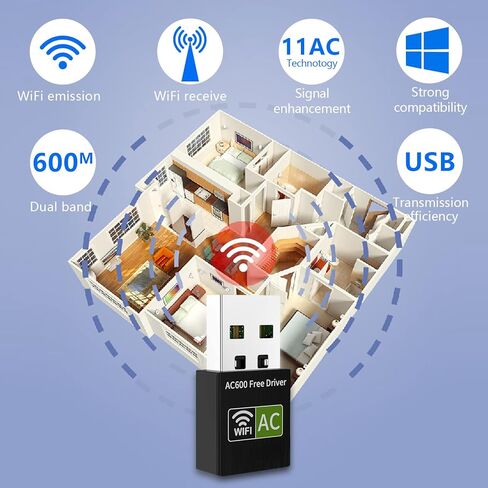 USB WiFi Adapter, 600Mbps Wireless WiFi Network Adapters for PC, Dual Band External WiFi Adapter (433 Mbps/5 GHz, 200 Mbps/2.4 GHz) 802.11ac, for Windows 10/8/7/XP/Linux/Mac, Plug and Plug in Kuwait