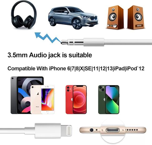 سلك ONGAHON Aux لهاتف iPhone، كابل Aux معتمد من MFi بطول 3.3FT لستيريو السيارة المنزلي ومكبر الصوت وسماعات الرأس المتوافقة مع iPhone 14 13 12 11 Pro Max 5 6 7 8 Plus X XR XS iPad iPod in Kuwait