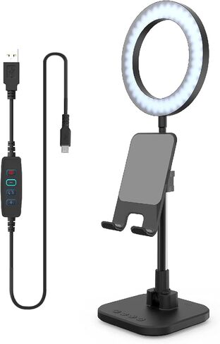 ديجباور مصباح مكتب حلقي LED DP-WSH-PH6 مع حامل للهواتف الذكية والتابلت بما في ذلك البطارية، ارتفاع قابل للتعديل، لمكالمات الفيديو في مكان العمل والمدرسة المنزلية، لون اسود وابيض in Kuwait